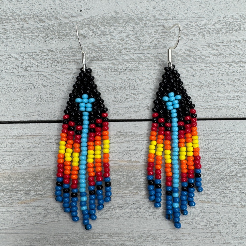 Unique Native American Themed Beaded Earrings 2.5” Small Beaded Earring Handmade